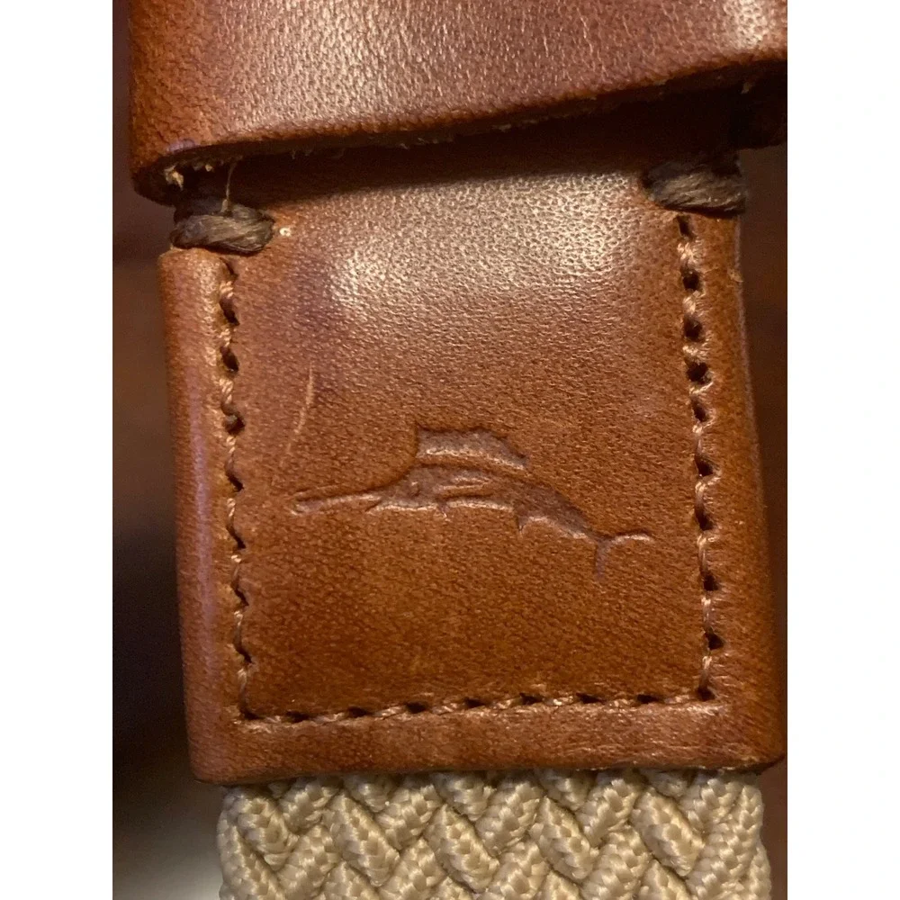 Tommy Bahama Woven Braided  Belt Khaki Tan Leather Trim L XL